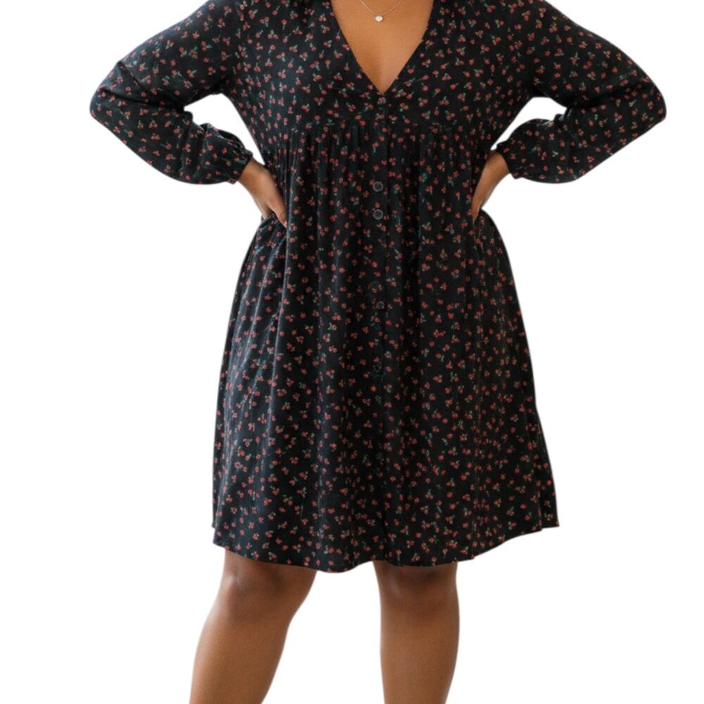 POPSUGAR Dress Women Large Black Cherry Print Long Sleeve Mini Shift Fall Pocket